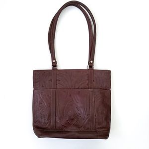 Vintage (No Brand) Dark Brown Tooled or Pressed Leather Tote